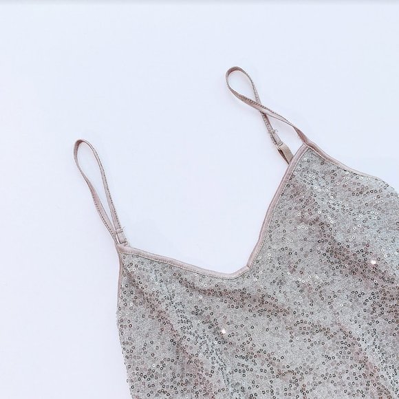 EXPRESS Sequined Strappy Neutral Beige Tank Top M - Picture 2 of 8